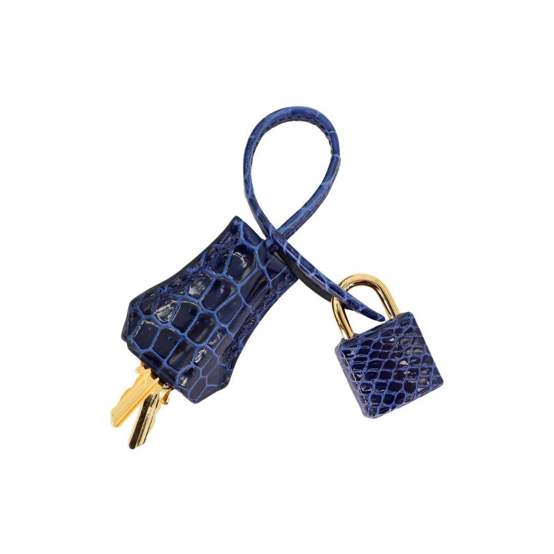 Hermès 25cm Birkin Bleu Saphir Crocodile Porosus Brillant Ferrures Or en vente 2