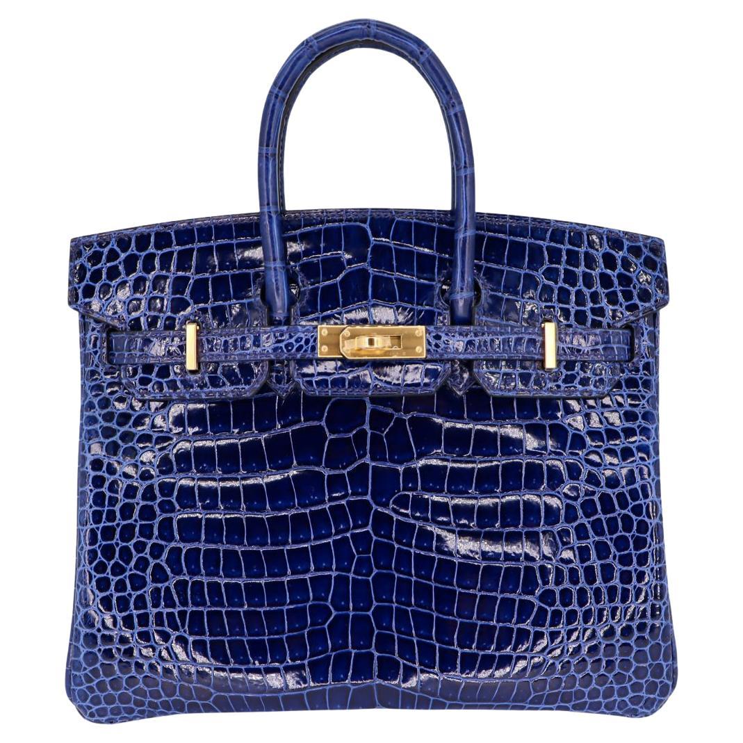 Hermès 25cm Birkin Bleu Saphir Shiny Porosus Crocodile Gold Hardware For Sale