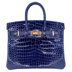 Hermès 25cm Birkin Bleu Saphir Shiny Porosus Crocodile Gold Hardware