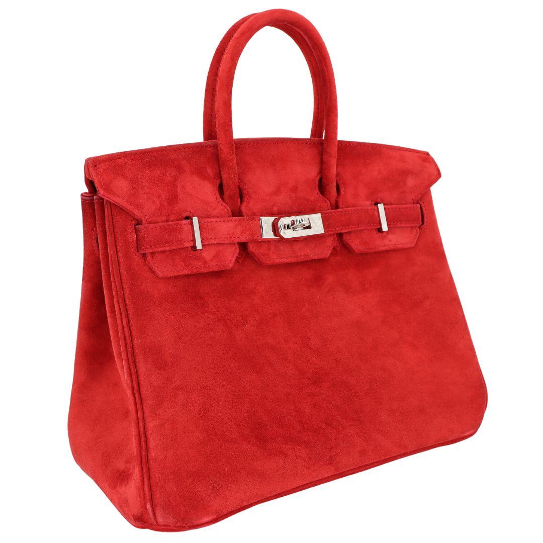 Brand: Hermès
Style: Birkin Doblis
Size: 25cm
Color: Rouge Vif
Material: Suede Leather
Hardware: Palladium Hardware (PHW)
Dimensions: 10