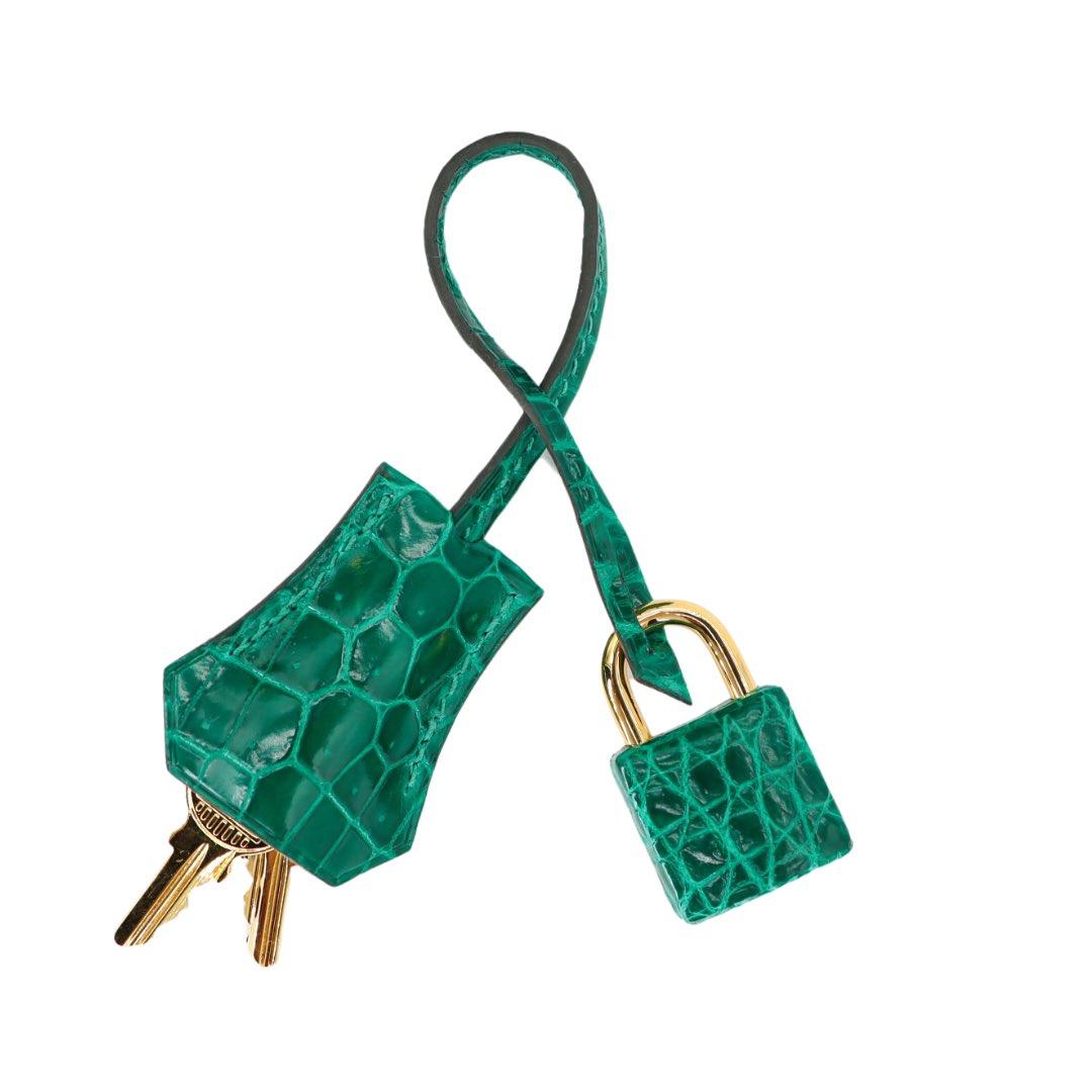 Hermès Birkin 25cm Emeraude Crocodile Niloticus brillant Ferrures en or en vente 3