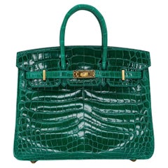 Hermès 25cm Birkin Emerald Shiny Niloticus Crocodile Gold Hardware