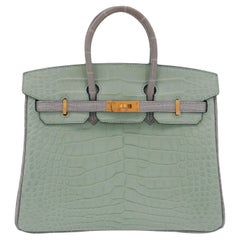 Hermès 25cm Birkin HSS Vert D'eau/Gris Perle Alligator Spazzolato Hardware Oro