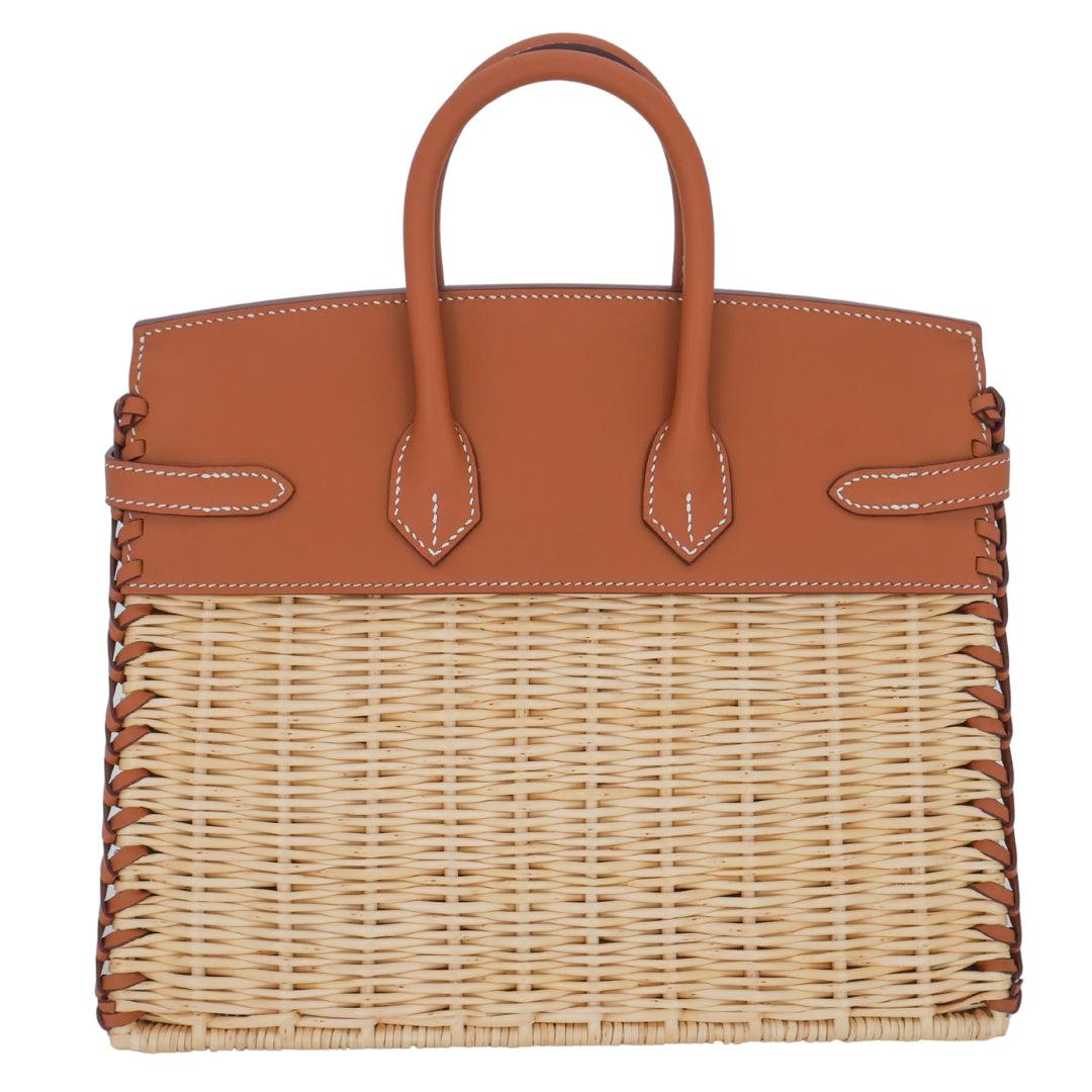 Hermès 25cm Birkin Picnic Oro Swift Piel/Osier Mimbre Herrajes Paladio Marrón