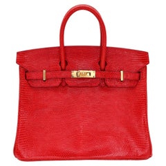 Hermès 25cm Birkin Rouge Exotic Lizard Gold Hardware