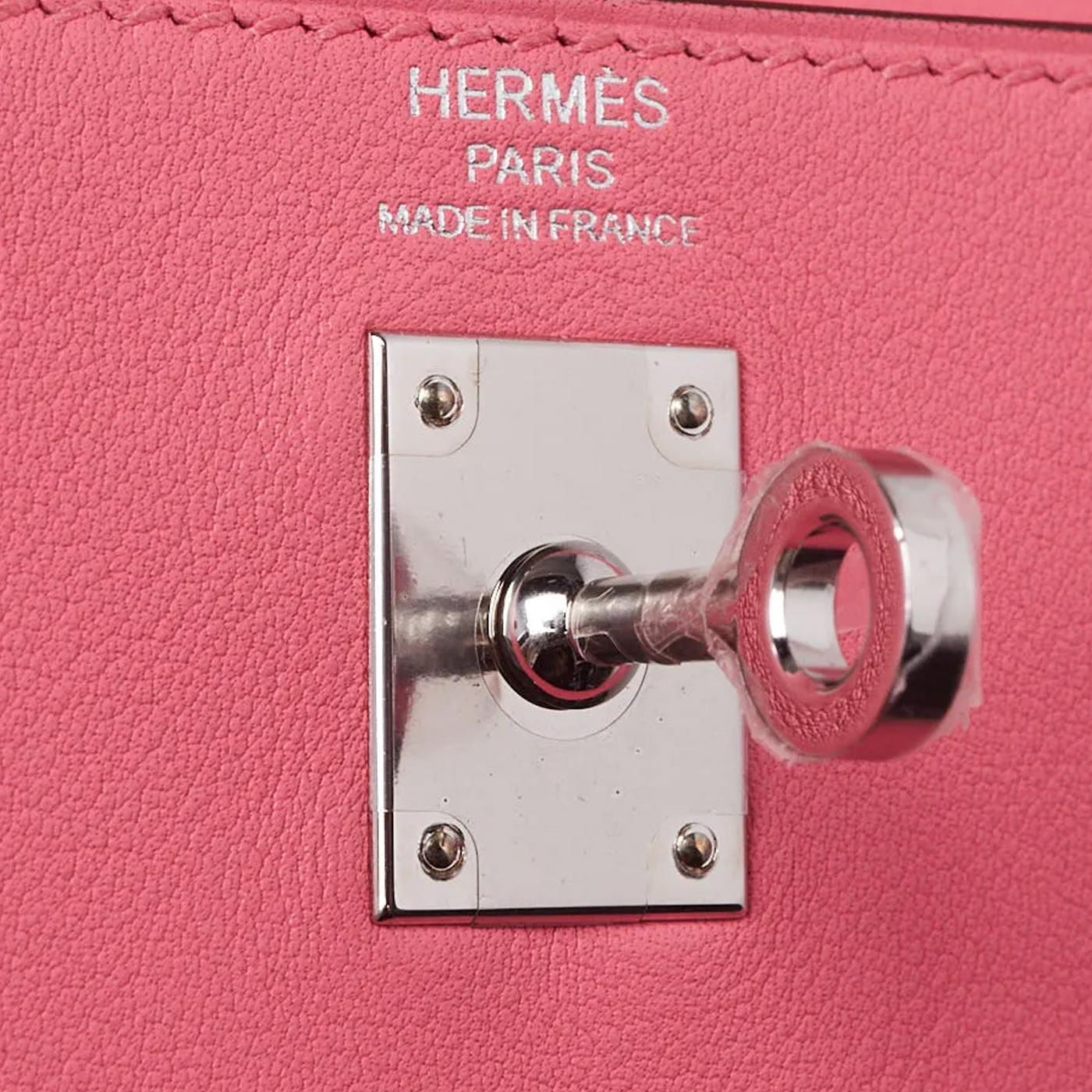 Hermes Sac Kelly Retourne 25cm Rose Swift Cuir Plaqué Palladium en vente 6