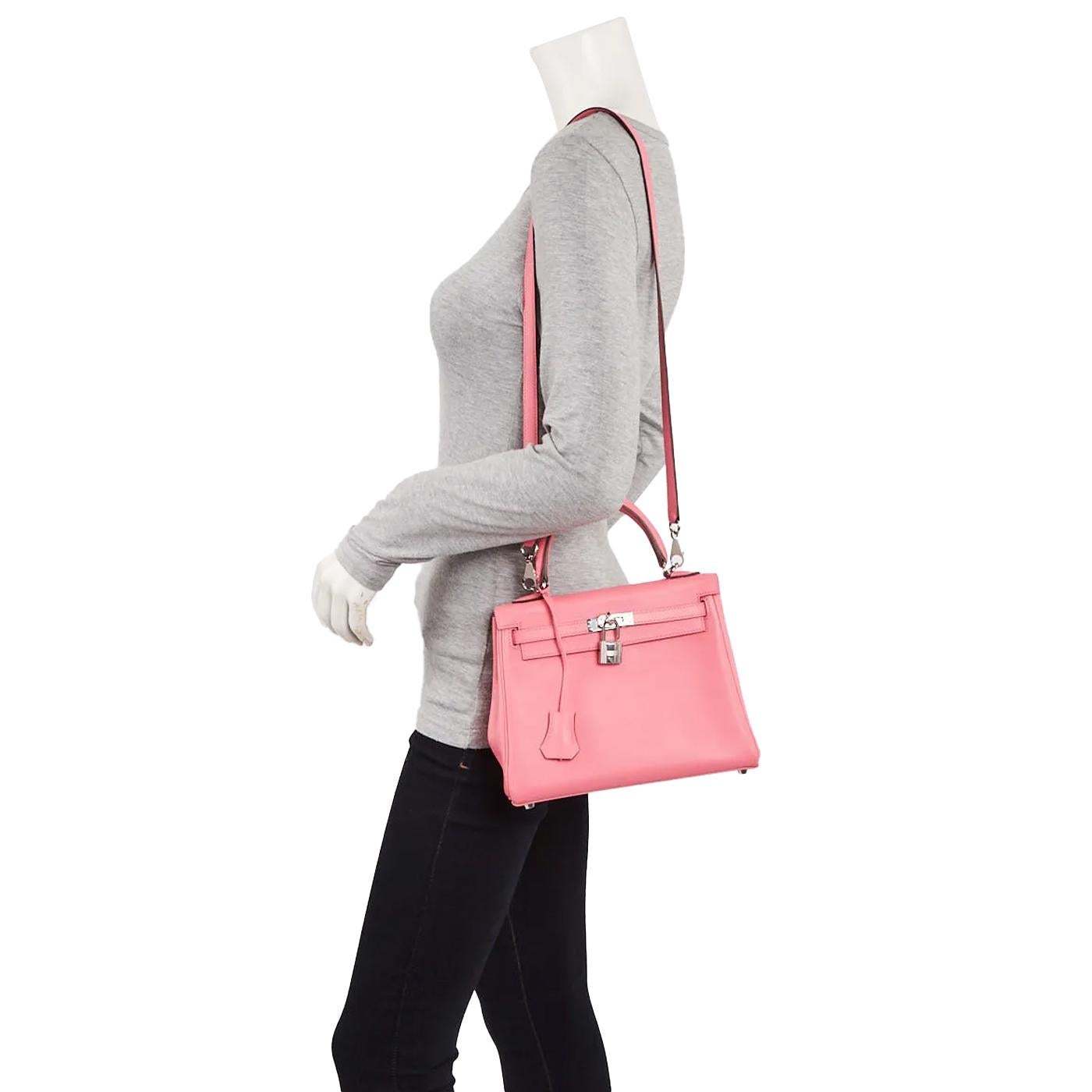 Hermes 25cm Bubblegum Pink Swift Leather Palladium Plated Kelly Retourne Bag For Sale 10