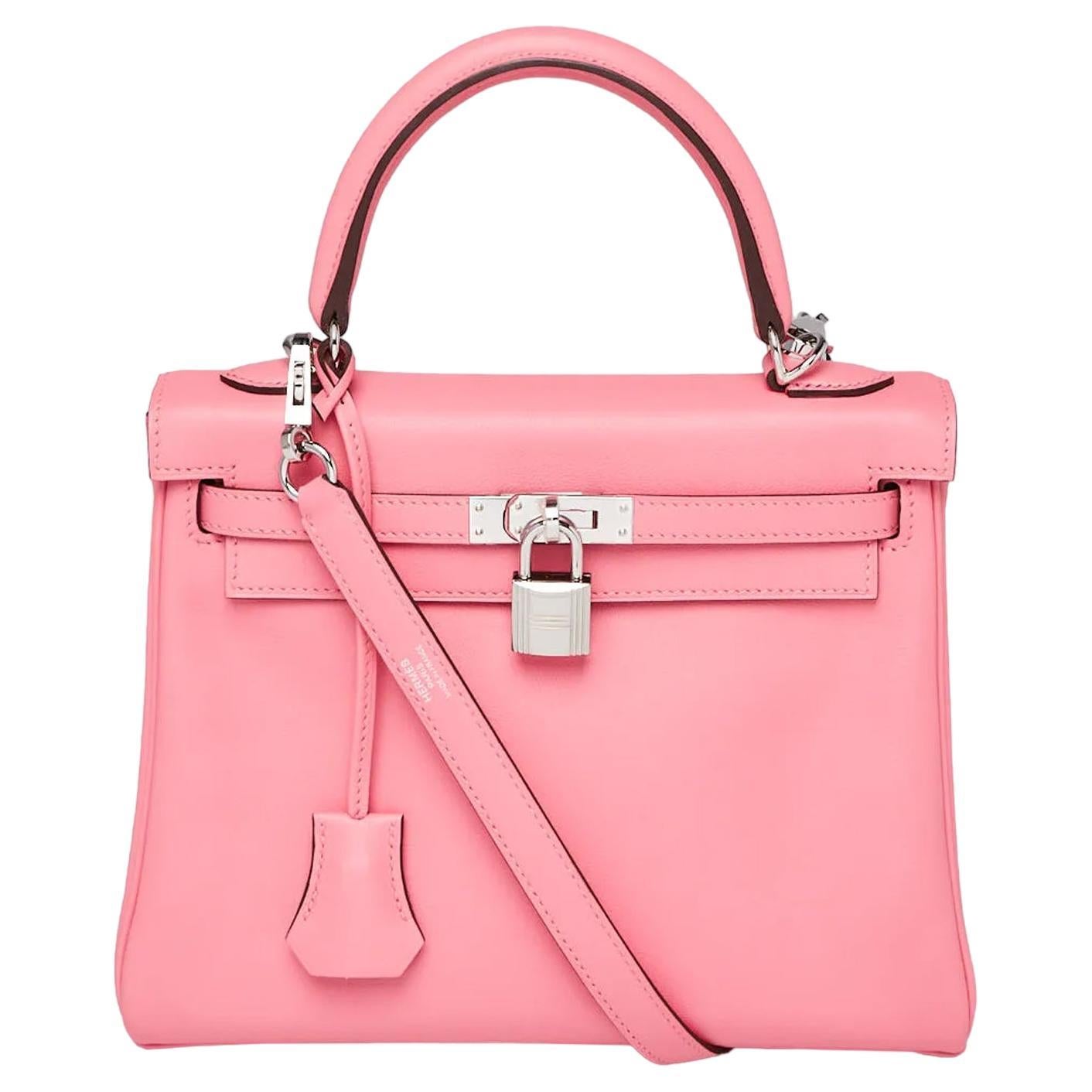 Hermes 25cm Bubblegum Pink Swift Leather Palladium Plated Kelly Retourne Bag For Sale