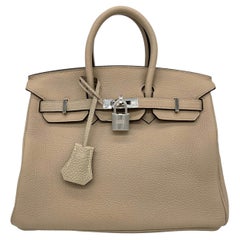 Hermès - Sac Birkin 25 cm en cuir Togo gris tourterelle avec quincaillerie en palladium 