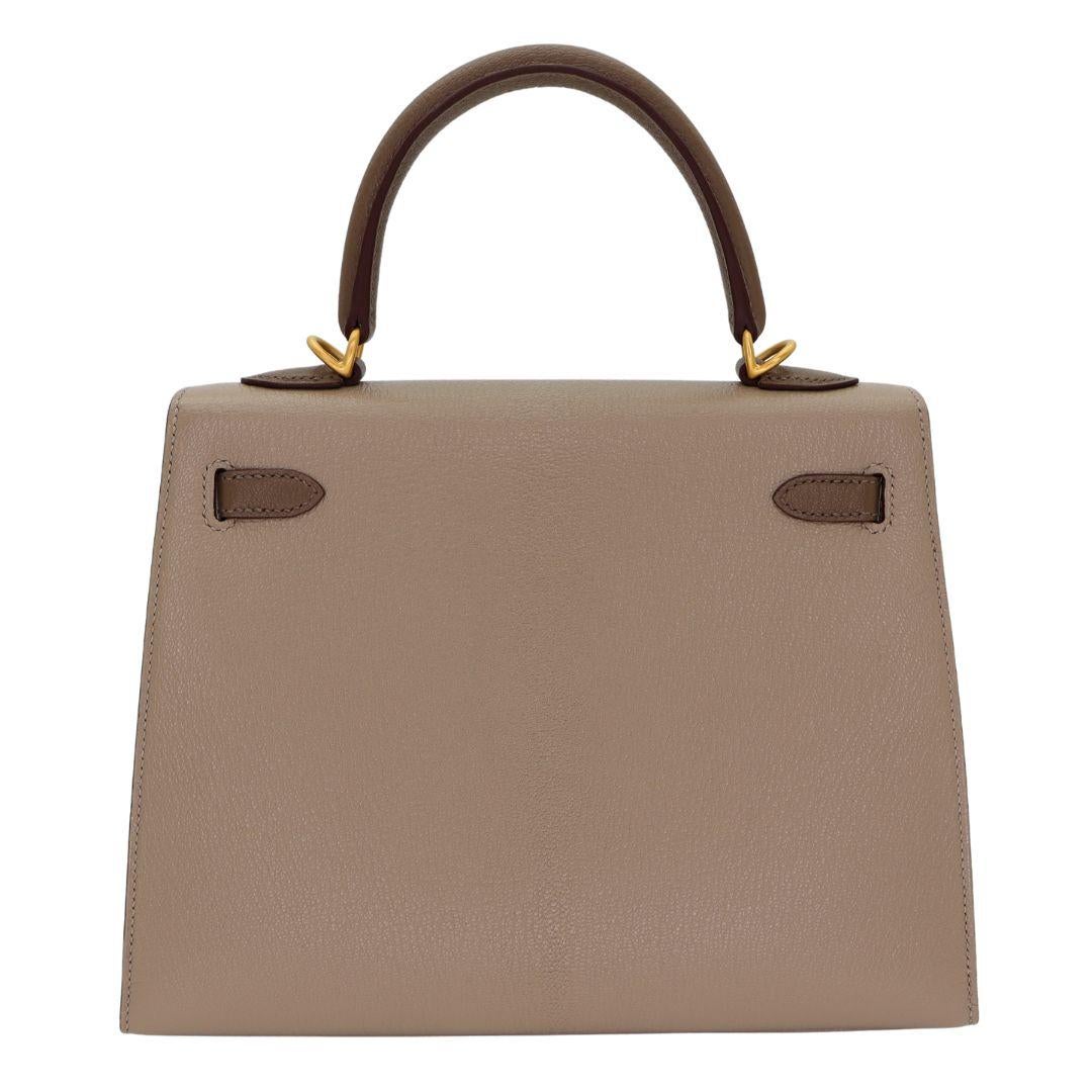 Brown Hermès 25cm Kelly HSS Etoupe/ Gris Tourterelle Chevrè Brushed Gold Hardware
