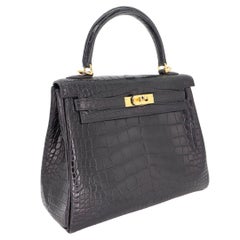 Hermès 25cm Kelly Retourne Black Matte Alligator Gold Hardware