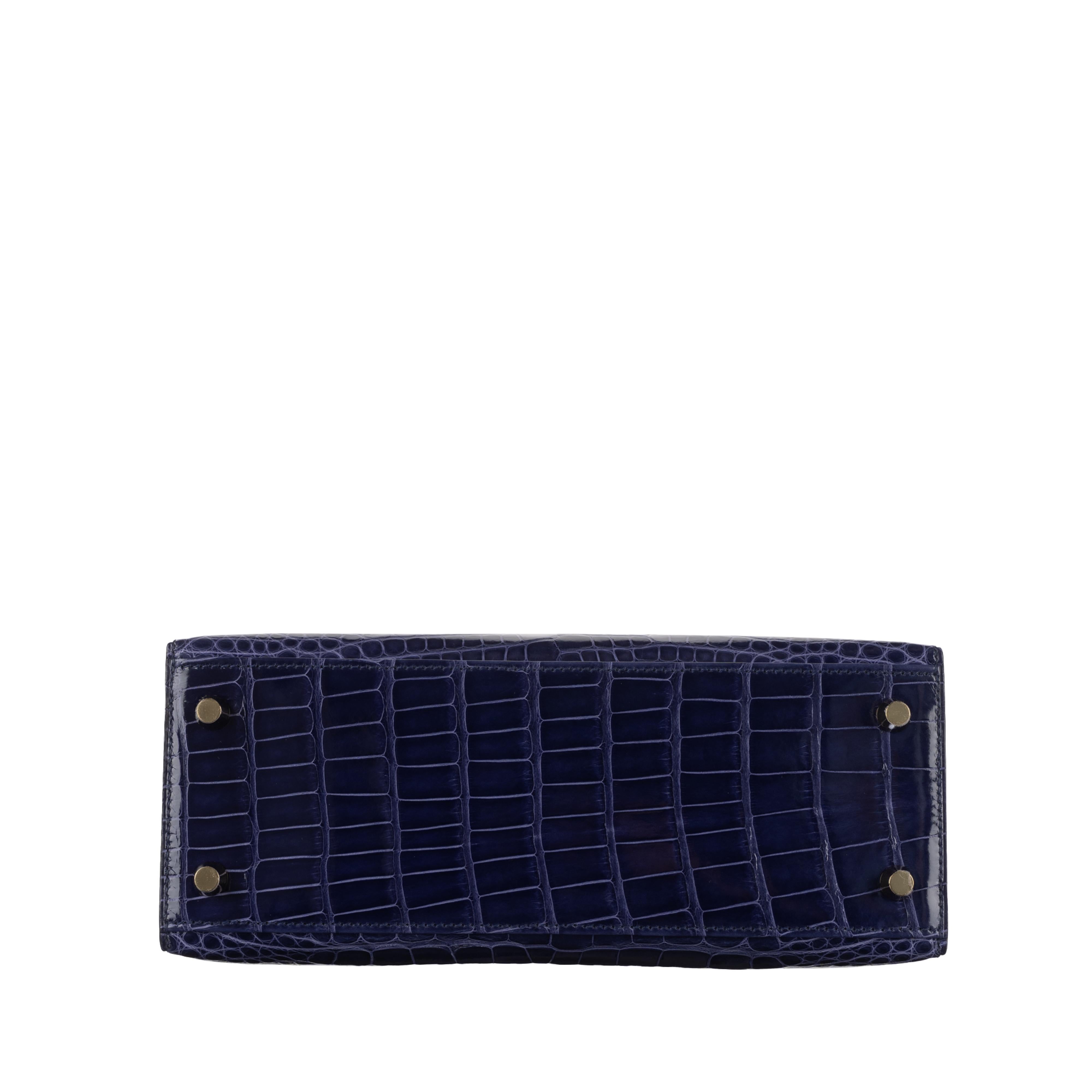 Hermès 25cm Kelly Sellier Bleu Encre Shiny Alligator Gold Hardware 2021 2