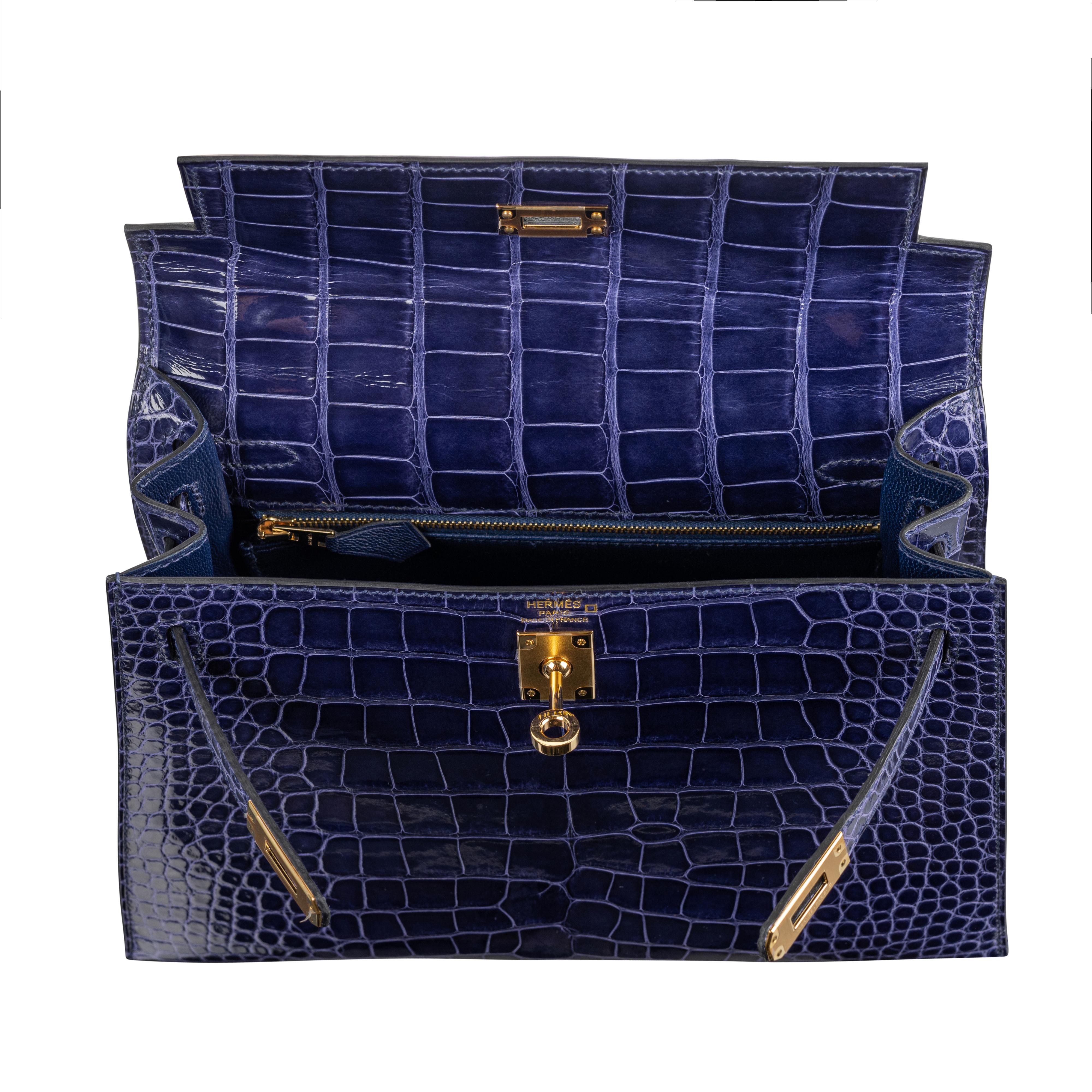 Hermès 25cm Kelly Sellier Bleu Encre Shiny Alligator Gold Hardware 2021 9