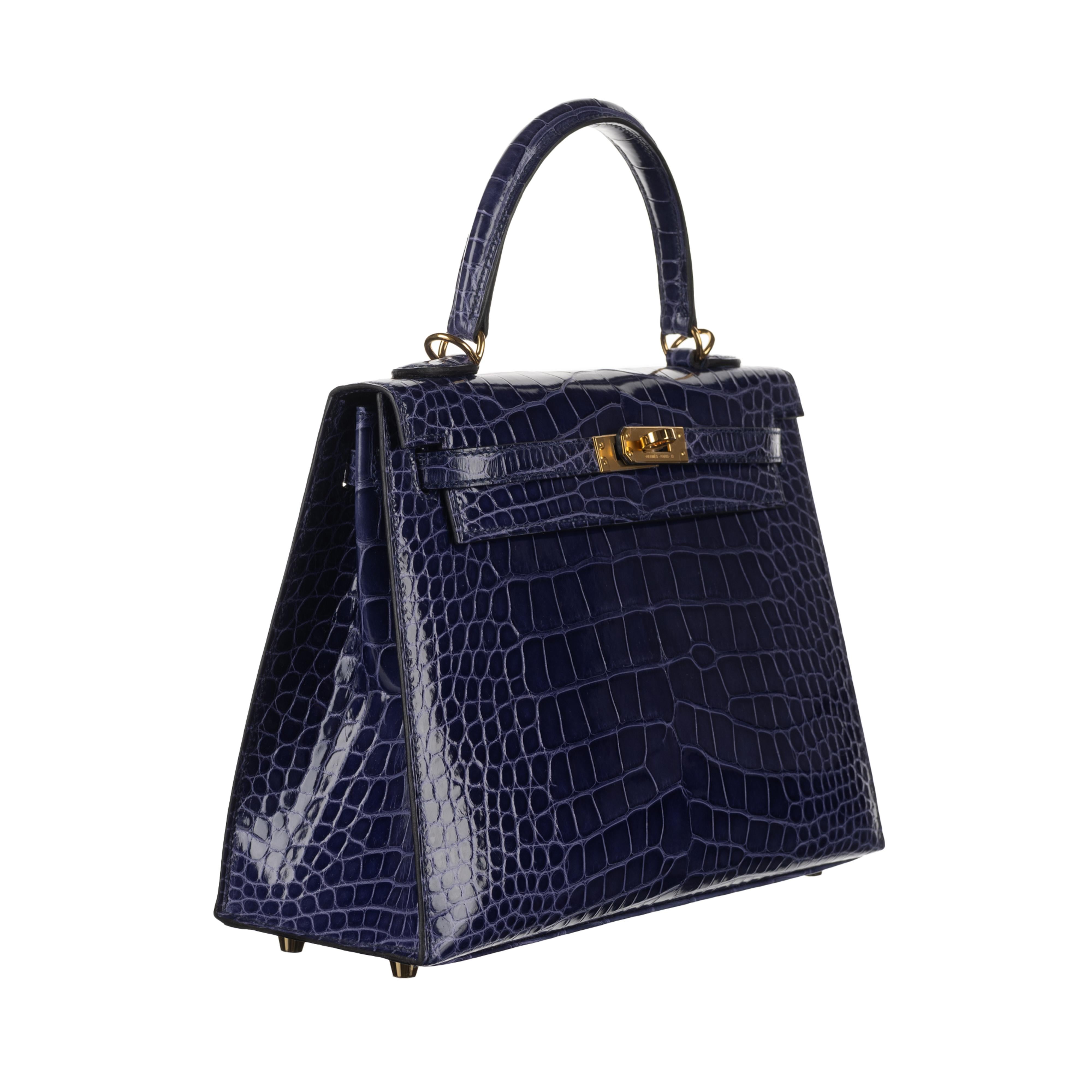 Hermès 25cm Kelly Sellier Bleu Encre Shiny Alligator Gold Hardware (Z/2021)