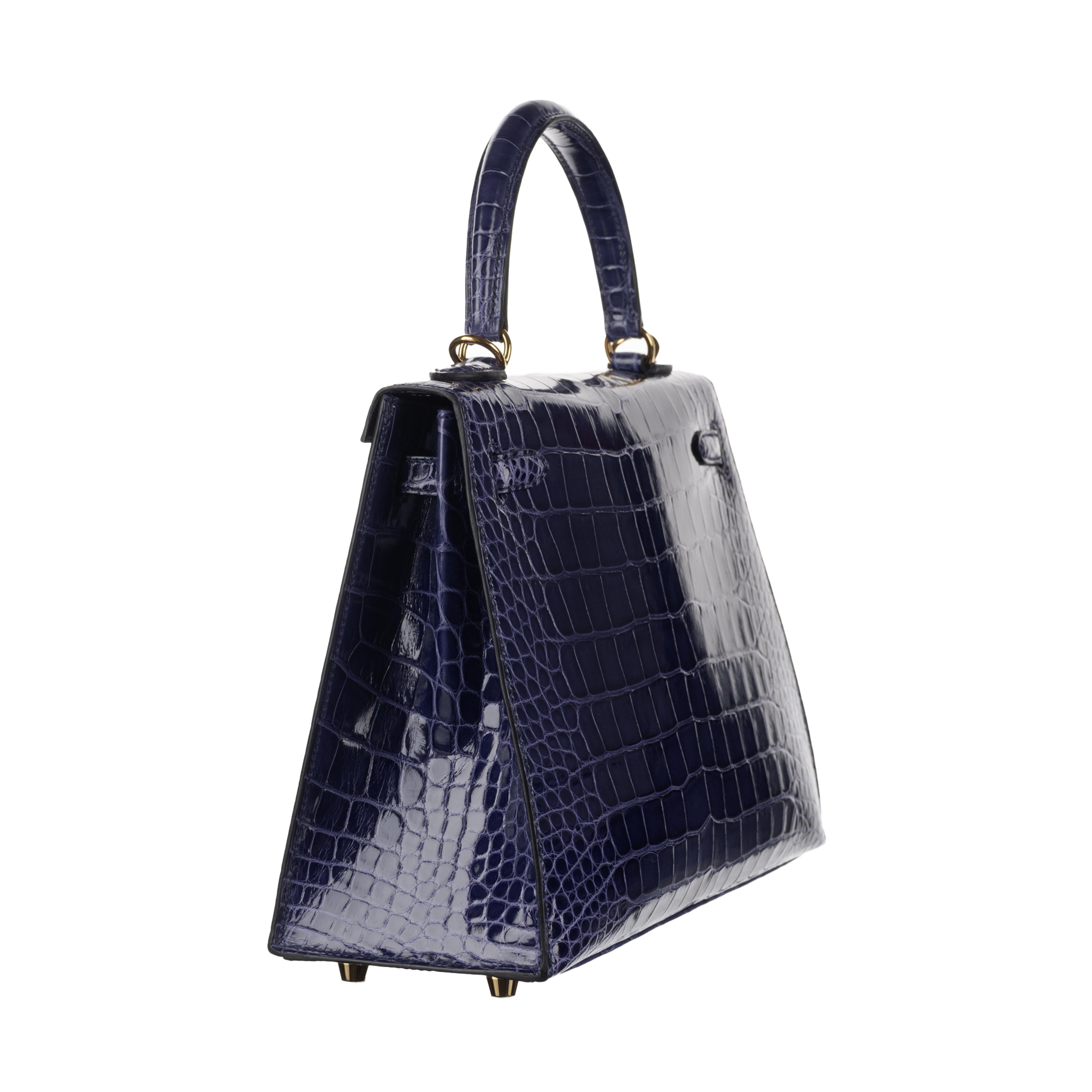 Black Hermès 25cm Kelly Sellier Bleu Encre Shiny Alligator Gold Hardware 2021