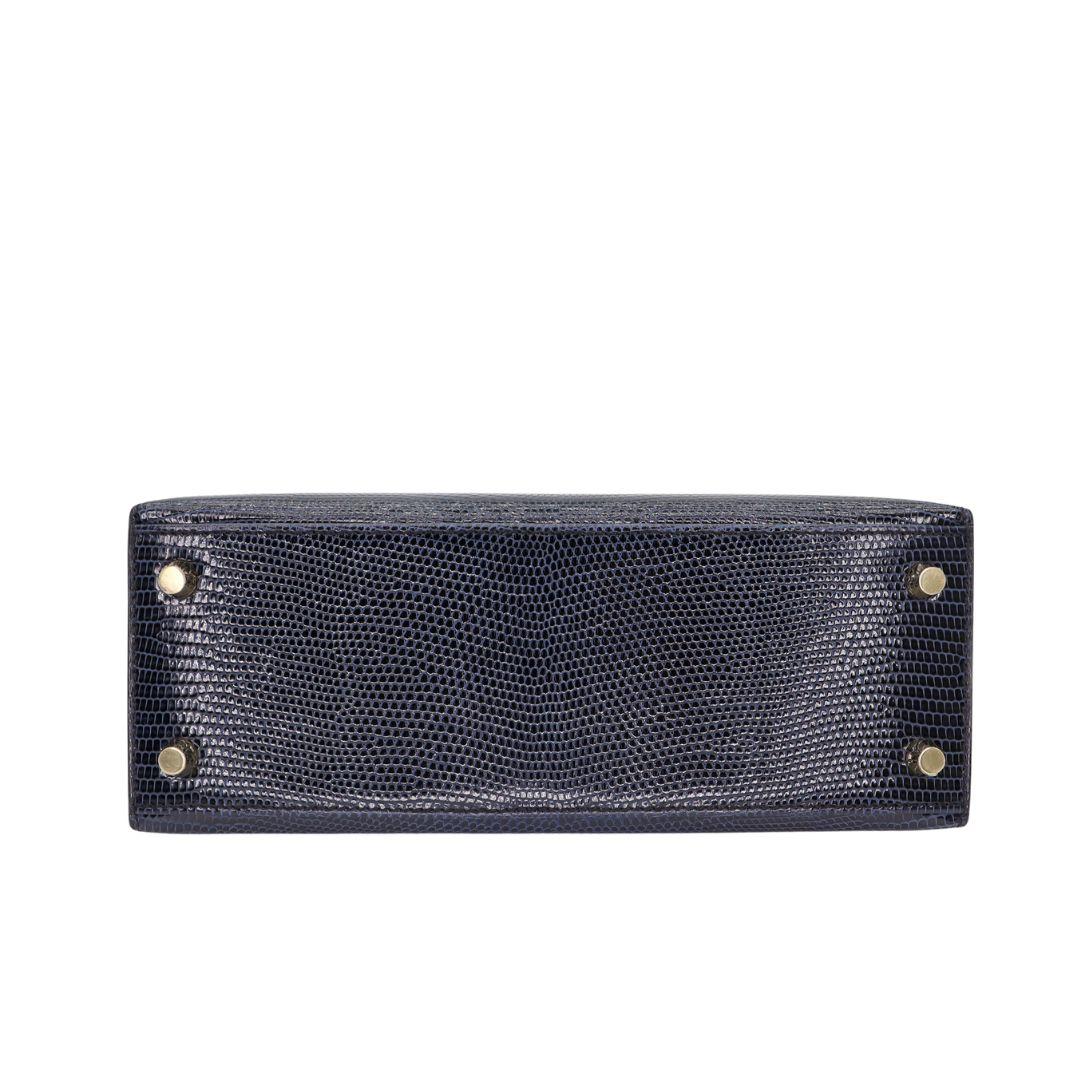 Hermès 25cm Kelly Sellier Azul Indigo Lagarto Brillante Herrajes Dorados en Nuevo estado para la venta en Santa Rosa Beach, FL