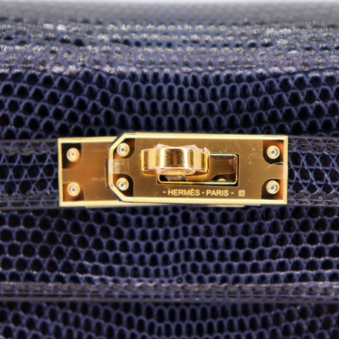 Hermès 25cm Kelly Sellier Bleu Indigo Shiny Lizard Gold Hardware For Sale 1