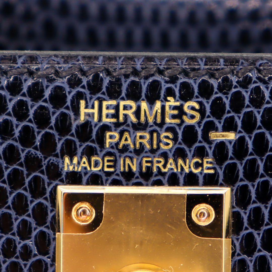 Hermès 25cm Kelly Sellier Bleu Indigo Shiny Lizard Gold Hardware For Sale 2