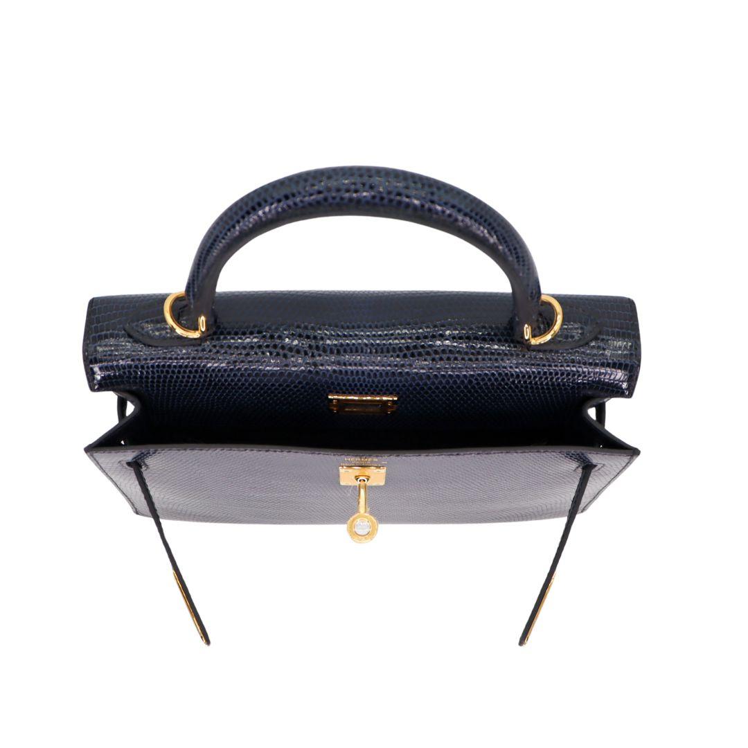 Hermès 25cm Kelly Sellier Bleu Indigo Shiny Lizard Gold Hardware For Sale 3