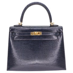 Hermès 25cm Kelly Sellier Bleu Indigo Glänzend Eidechse Gold Hardware