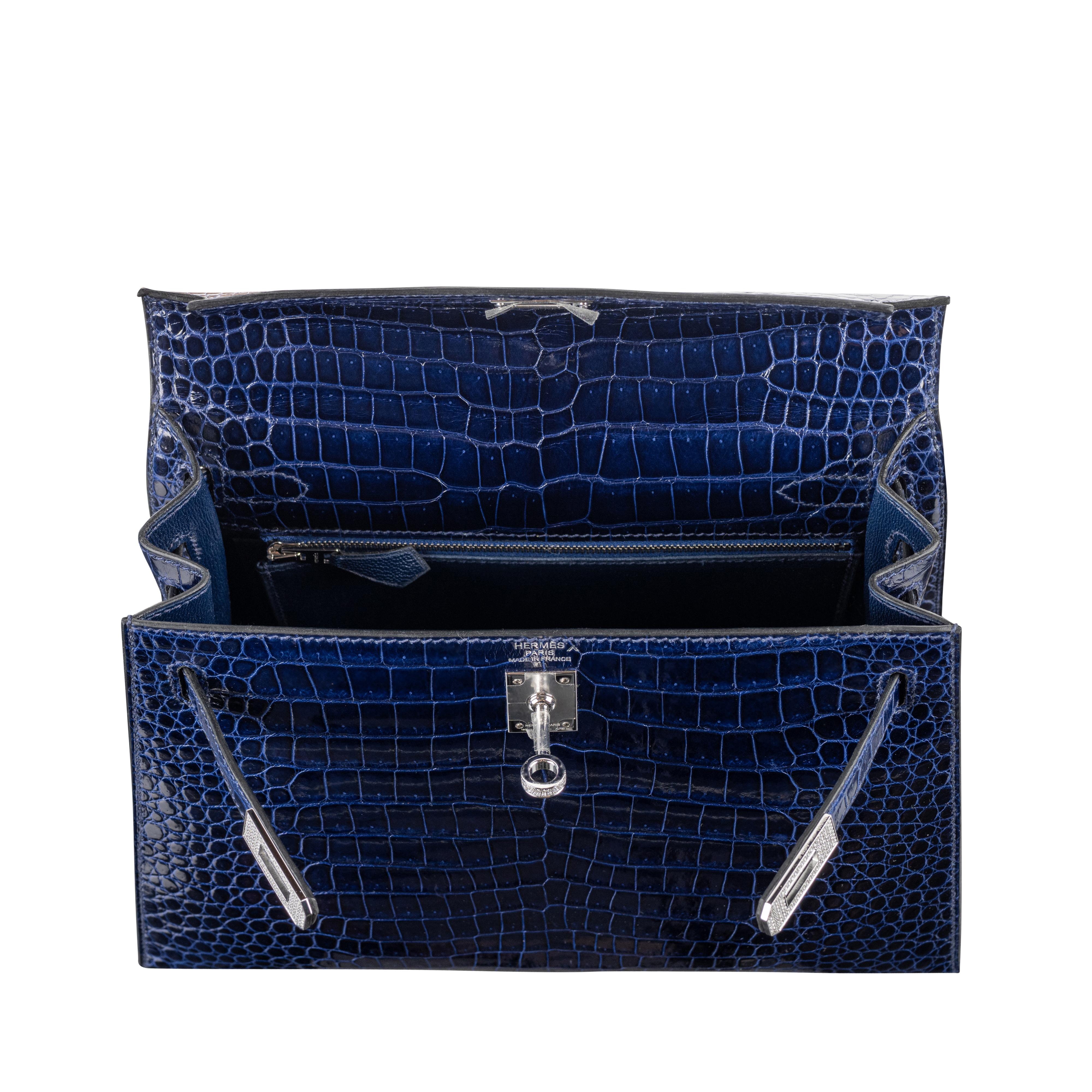 Hermès 25cm Kelly Sellier Bleu Indigo Shiny Nilo Diamond Hardware 2021 8