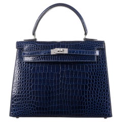 Hermès 25cm Kelly Sellier Bleu Indigo Shiny Nilo Diamond Hardware