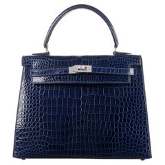 Hermès 25cm Kelly Sellier Bleu Indigo Shiny Nilo Diamond Hardware 2021