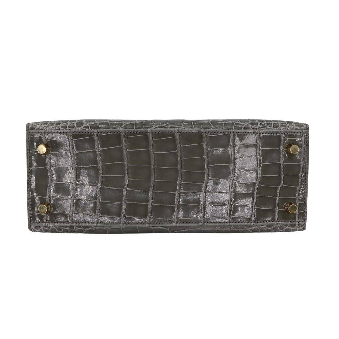 Women's Hermès 25cm Kelly Sellier Gris Cement Shiny Alligator Gold Hardware