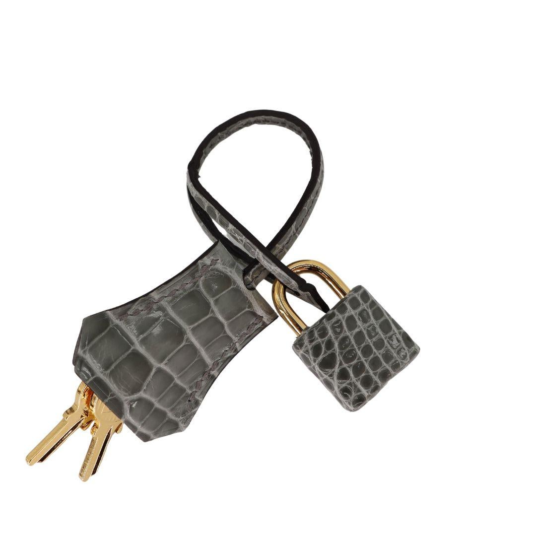 Hermès 25cm Kelly Sellier Gris Cement Shiny Alligator Gold Hardware For Sale 5