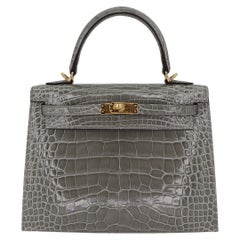 Hermès 25cm Kelly Sellier Gris Cement Shiny Alligator Gold Hardware