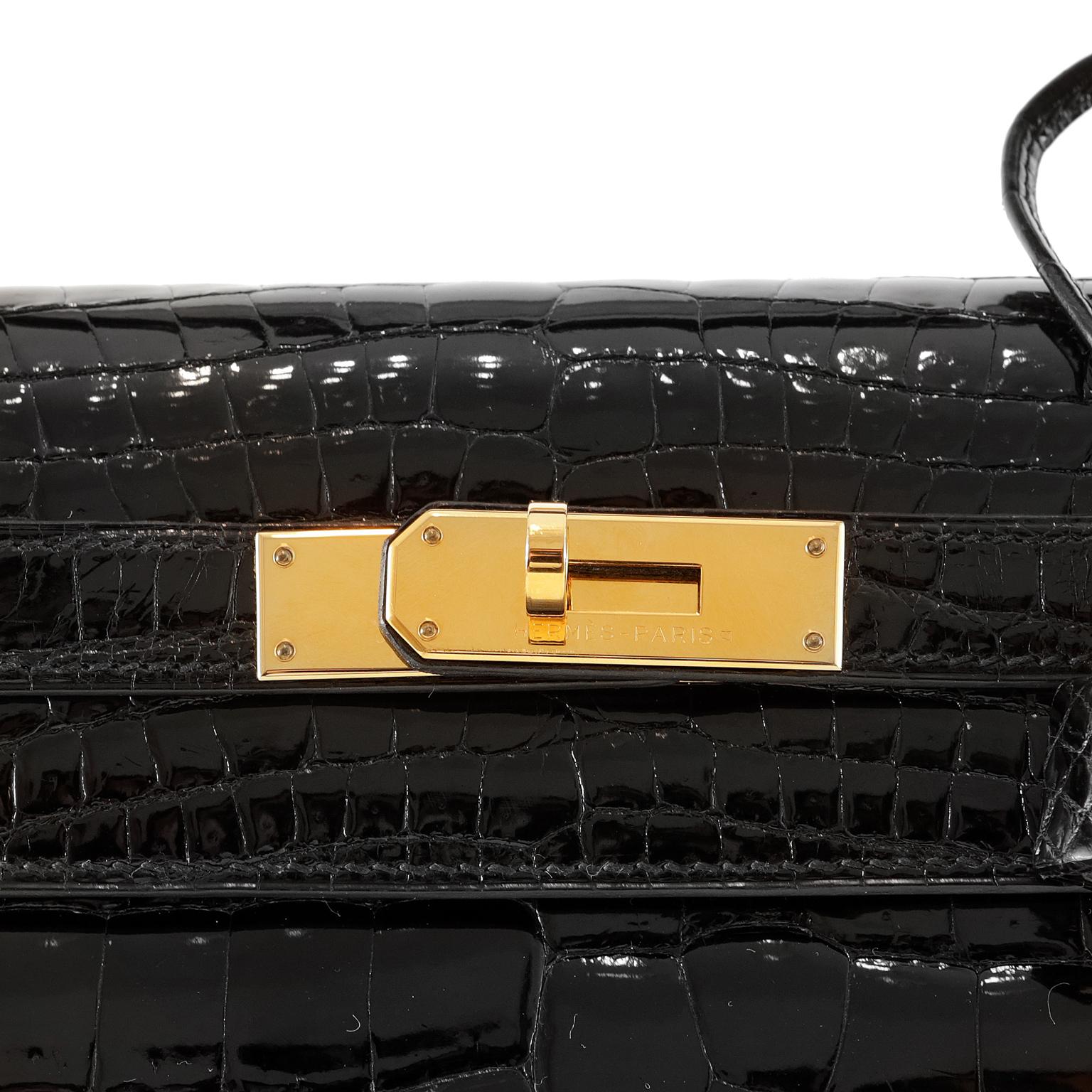 Women's Hermès 28 cm Black Shiny  Niloticus Crocodile Kelly Bag