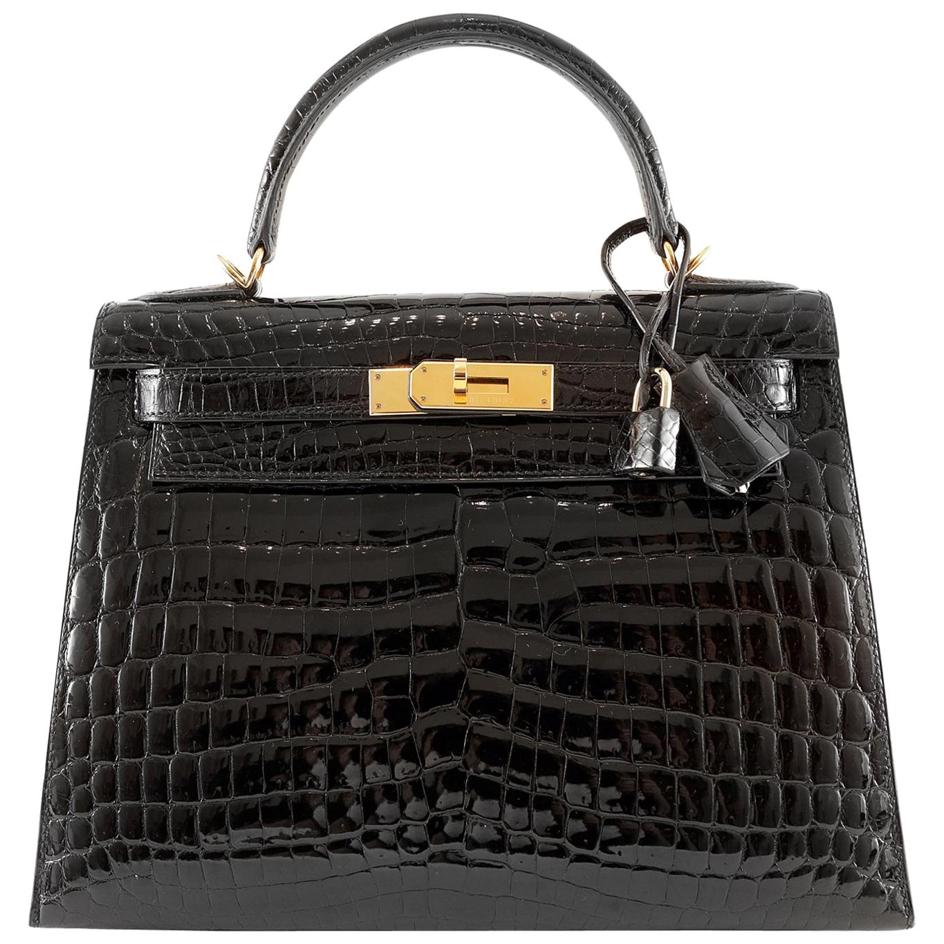 Hermès 28 cm Black Shiny  Niloticus Crocodile Kelly Bag