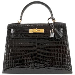 Hermès 28 cm Black Shiny  Niloticus Crocodile Kelly Bag