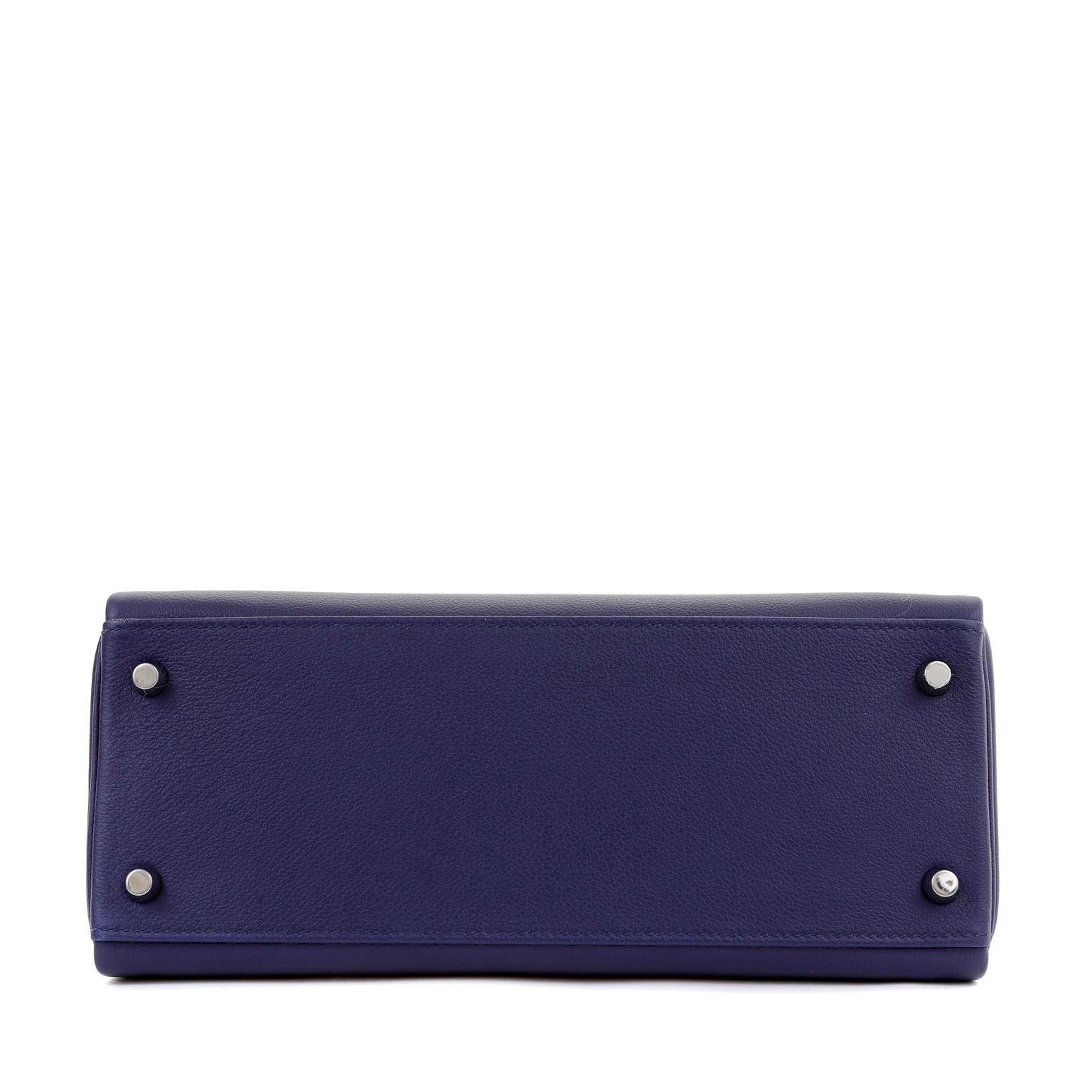 Hermès 28 cm Midnight Blue Epsom  Kelly Sellier with Violet Interior For Sale 1