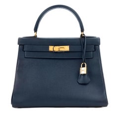 Hermès 28 cm Midnight Blue Epsom Leather Kelly Gold Hardware