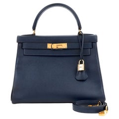 Hermès 28 cm Midnight Blue Epsom Leather Kelly Gold Hardware