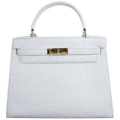 Hermes Kelly Handbag Grey Ostrich with Gold Hardware 25 Gray 2051182
