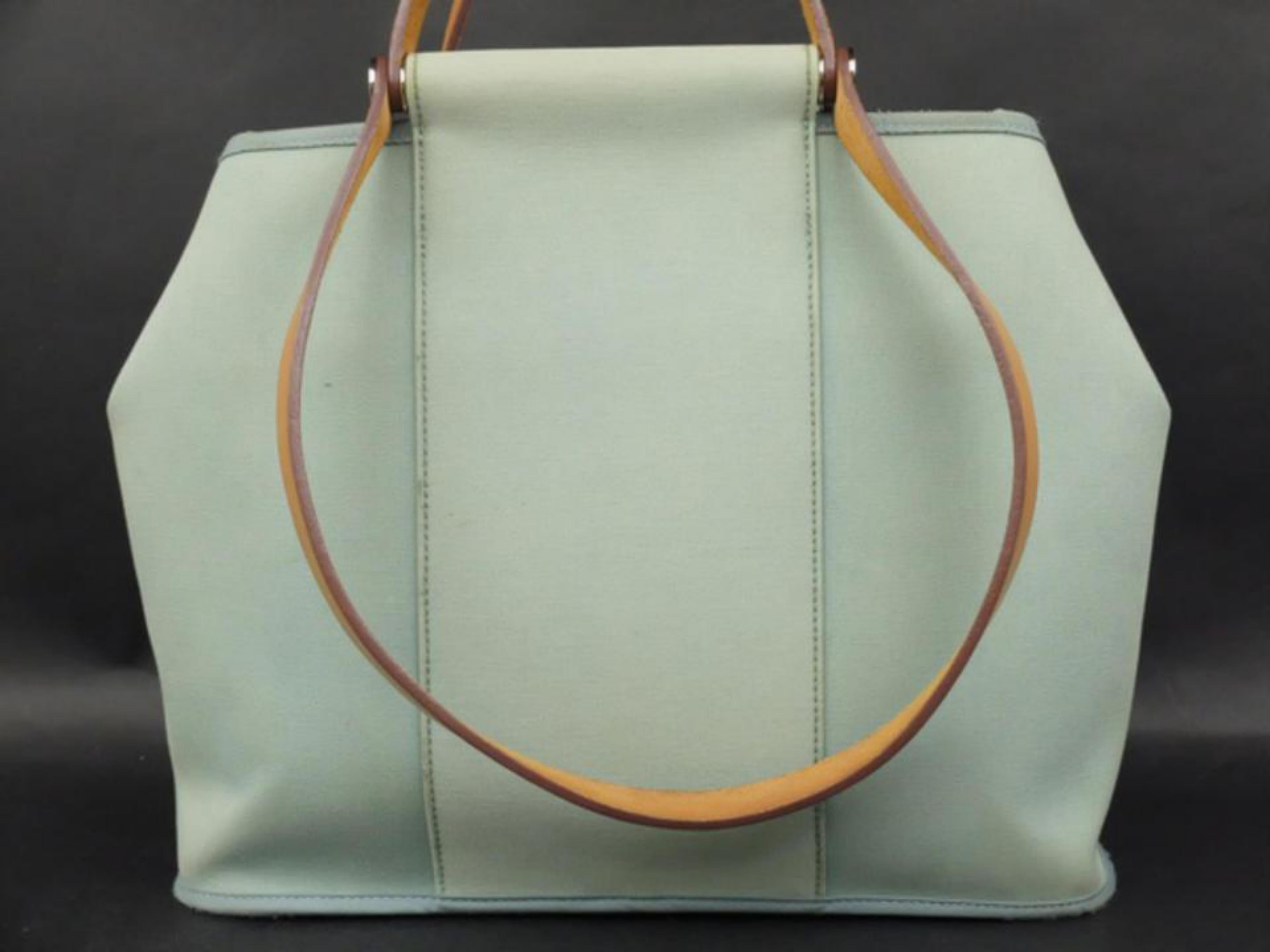 Hermès 2way Cabas 228082 Icegreen Coated Canvas Tote In Fair Condition For Sale In Forest Hills, NY