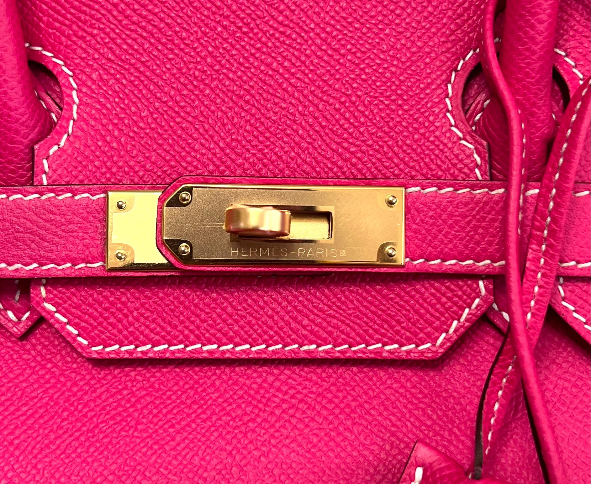 30 cm Hermès Birkin in vibrant pink Epsom leather with GOLD hardware. Plastic intact on hardware. White contrast stitching, chevre leather interior. 
12”x 9” x 6.5”
Padlock, keys, clochette, dust bags and box included. Final Sale.