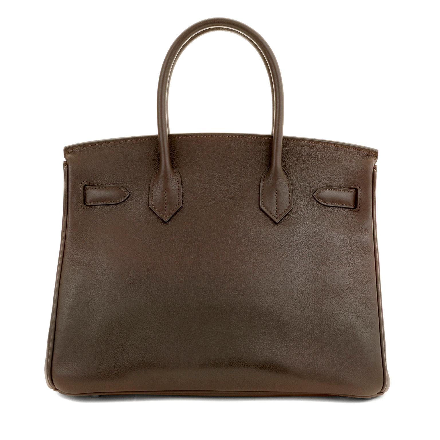 Hermès 30 cm Deep Brown Evergrain Birkin mit Palladium Damen im Angebot