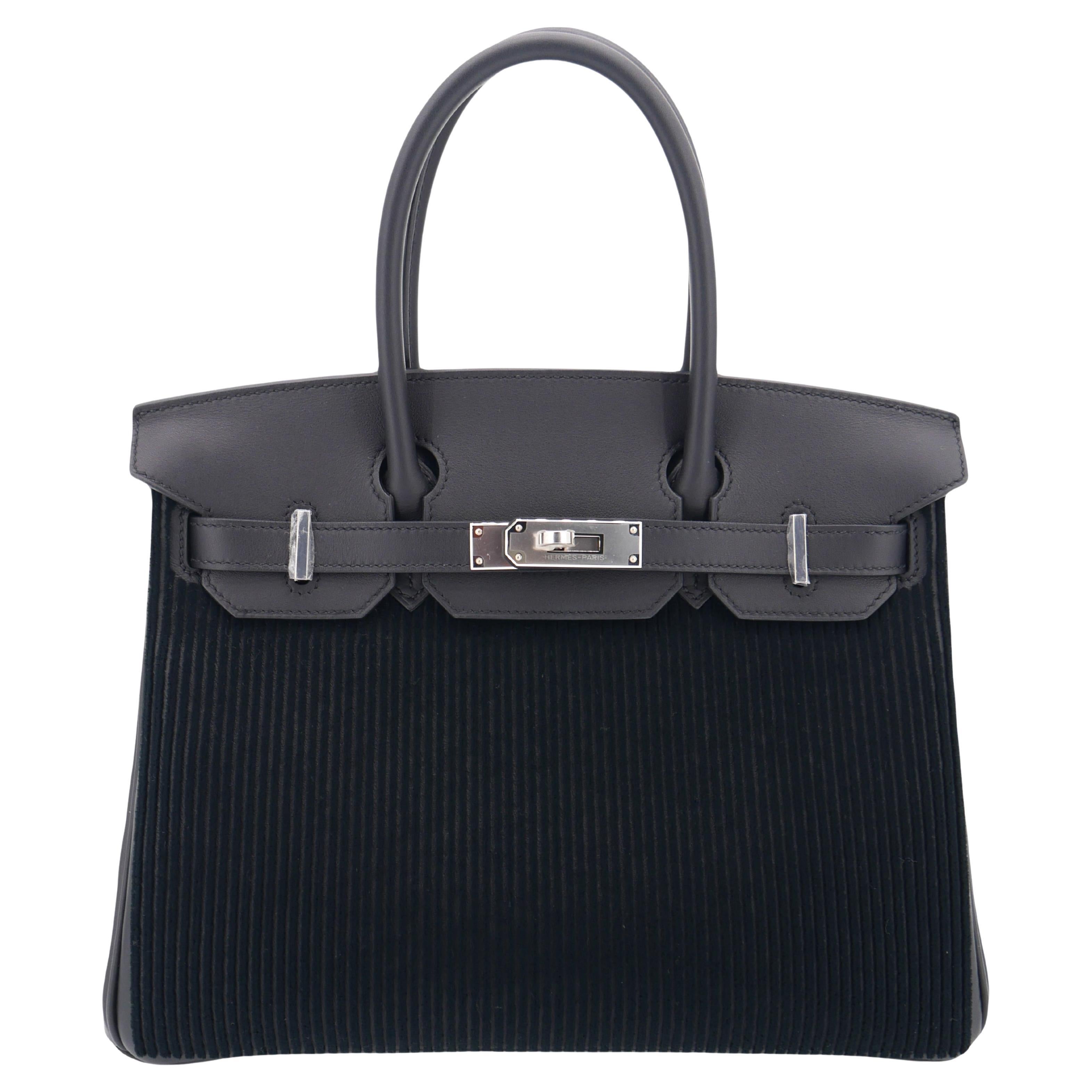 Hermès 30cm Birkin Black Côte à Côte Tuffetage Caban Swift Palladium Hardware For Sale