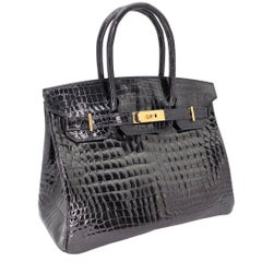 Hermès 30cm Birkin Black Shiny Crocodile Porosus Gold Hardware