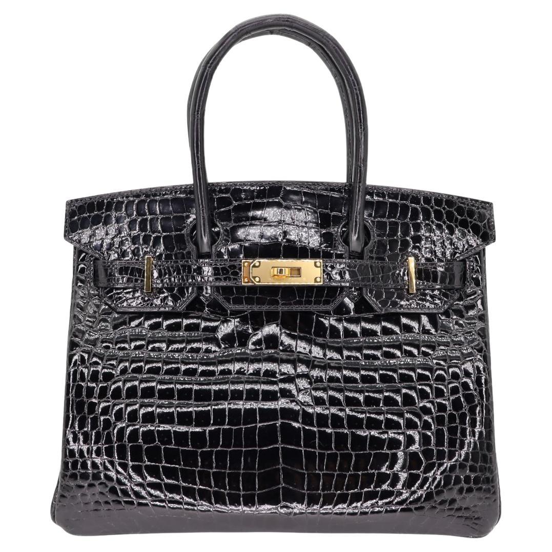 Hermès 30cm Birkin Black Shiny Crocodile Porosus Gold Hardware For Sale