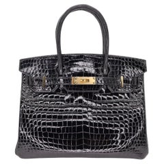 Hermès 30cm Birkin Black Shiny Crocodile Porosus Gold Hardware