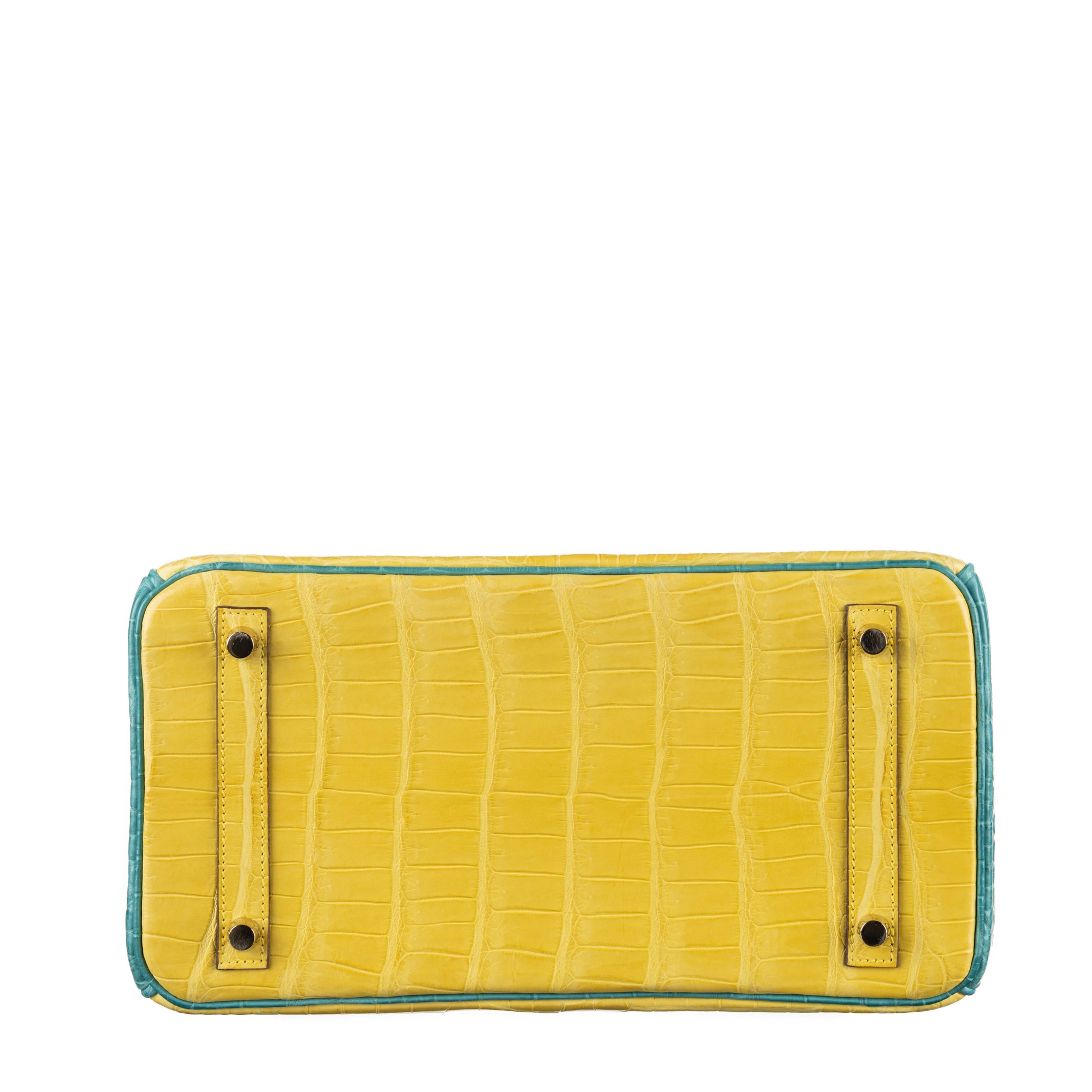 Women's Hermès 30cm Birkin HSS Mimosa/Bleu Paon Porosus Crocodile Brushed Gold Hardware For Sale