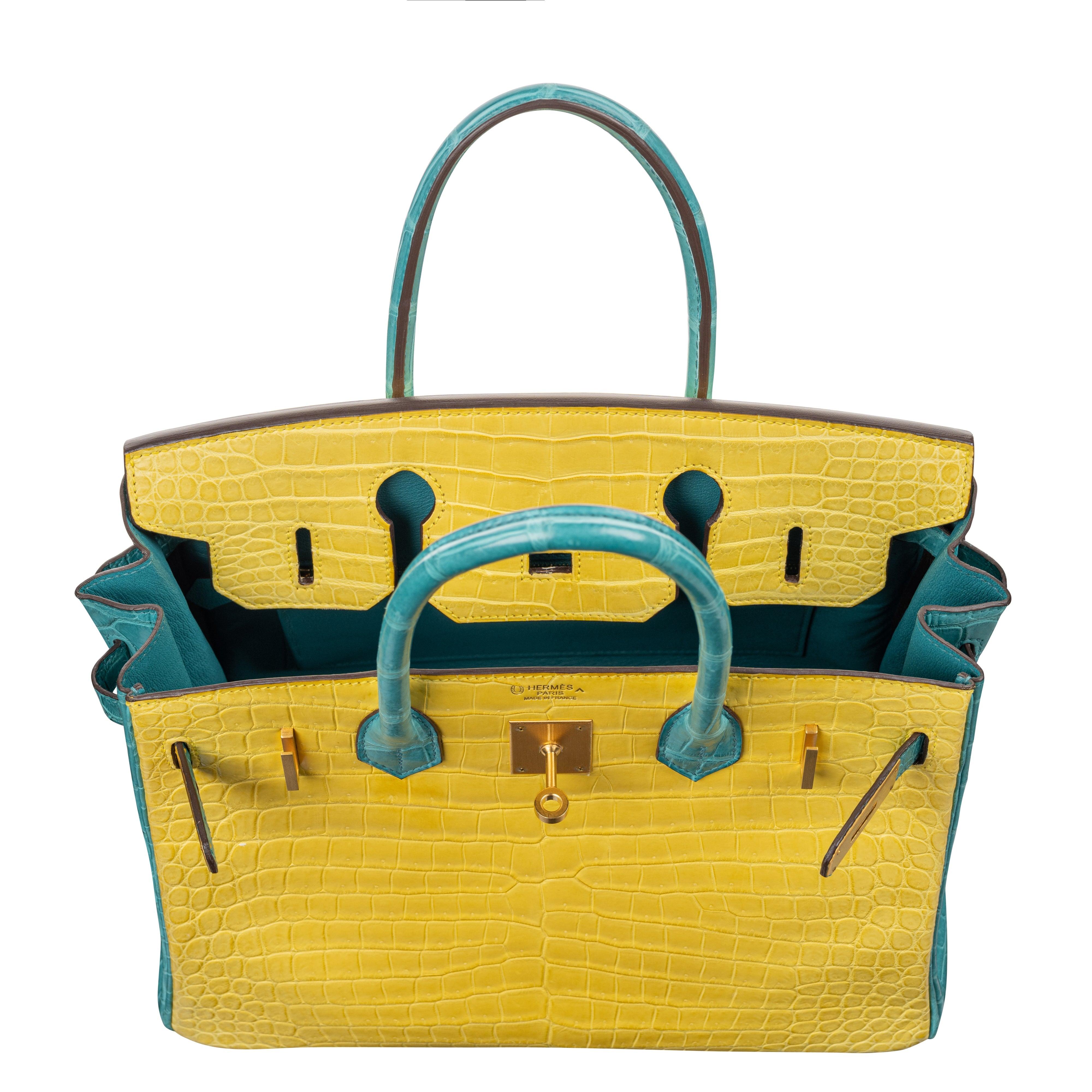 Hermès 30cm Birkin HSS Mimosa/Bleu Paon Porosus Crocodile Brushed Gold Hardware For Sale 3