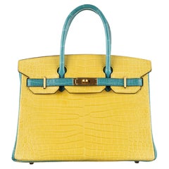 Hermès 30cm Birkin HSS Mimosa/Bleu Paon Porosus Crocodile Quincaillerie Or Brossé