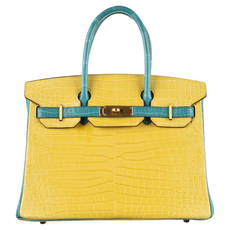 Hermès 30cm Birkin HSS Mimosa/Bleu Paon Porosus Crocodile Brushed Gold Hardware