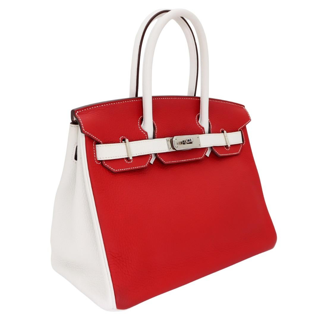 Brand: Hermès
Style: Birkin HSS
Size: 30cm
Color: Rouge Casaque/White (Blanc)
Material: Clemence Leather
Hardware: Palladium (PHW)
Dimensions: 11.75