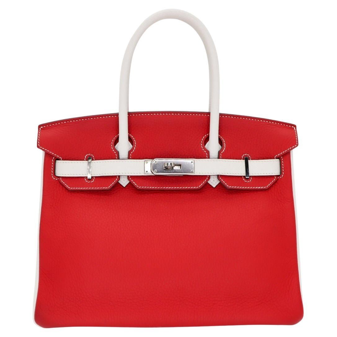 Hermès 30cm Birkin HSS Rouge Casaque/Clémence Blanc Cuir Palladium Hardware en vente